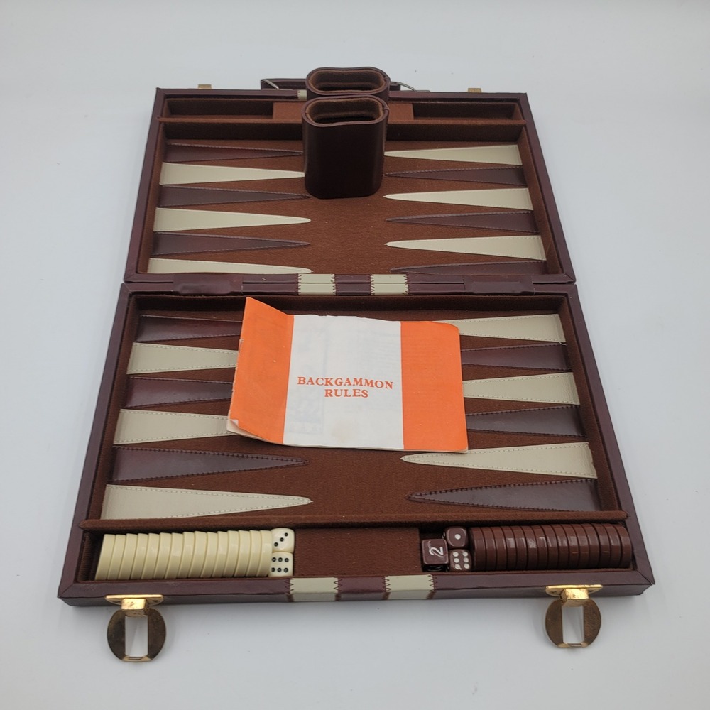 Vintage Backgammon Set Brown Faux Leather Briefcase Game Complete Board Game